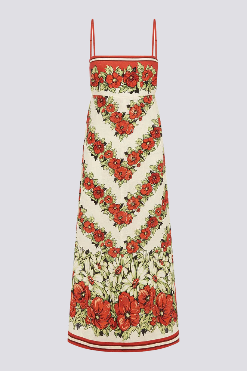 Vestido largo rojo con estampado floral de espagueti de Tristane