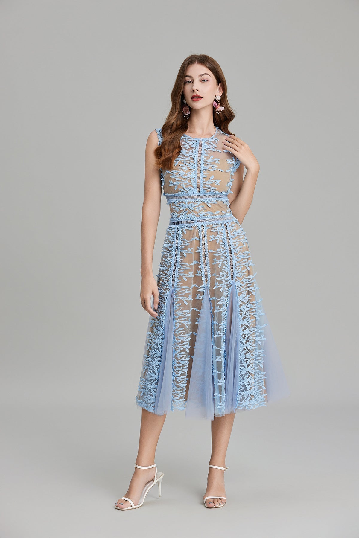 Maëlle Round Neck Mesh Embroidered Midi Dress In Beige