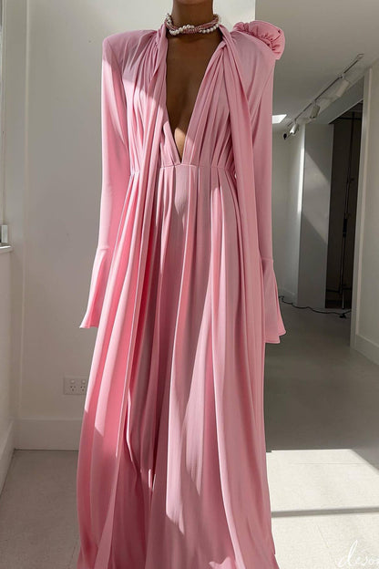 Luxuriöses Vintage-Maxikleid mit Cut-Outs, tiefem V-Ausschnitt, Neckholder und 3D-Blumenmuster