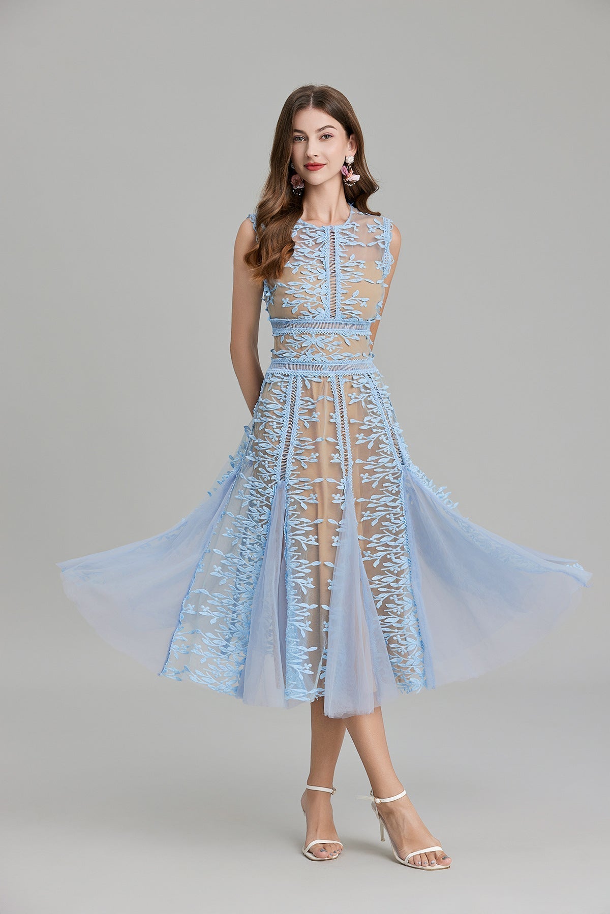 Maëlle Round Neck Mesh Embroidered Midi Dress In Beige