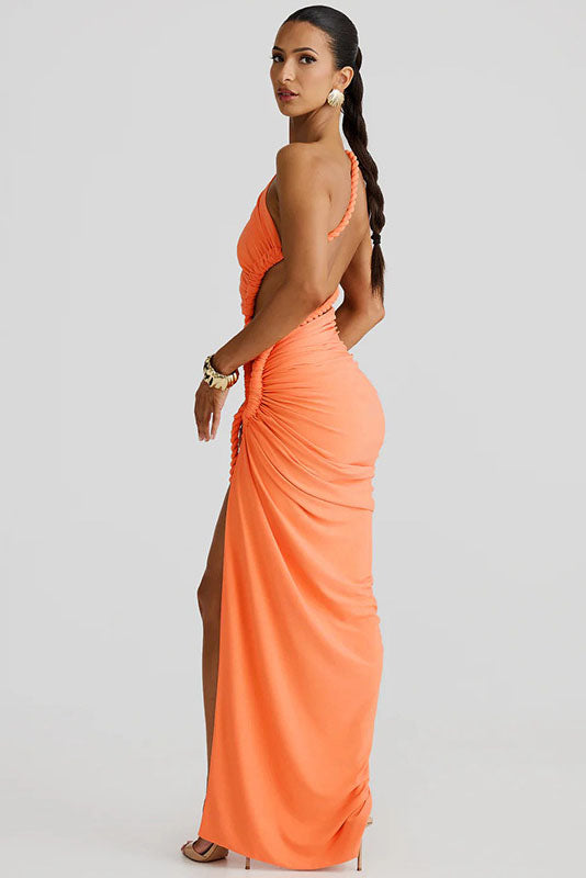 Vestido largo sin tirantes con aberturas y cordones