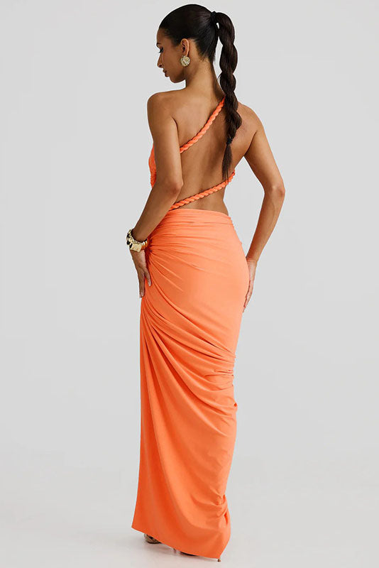 Vestido largo sin tirantes con aberturas y cordones