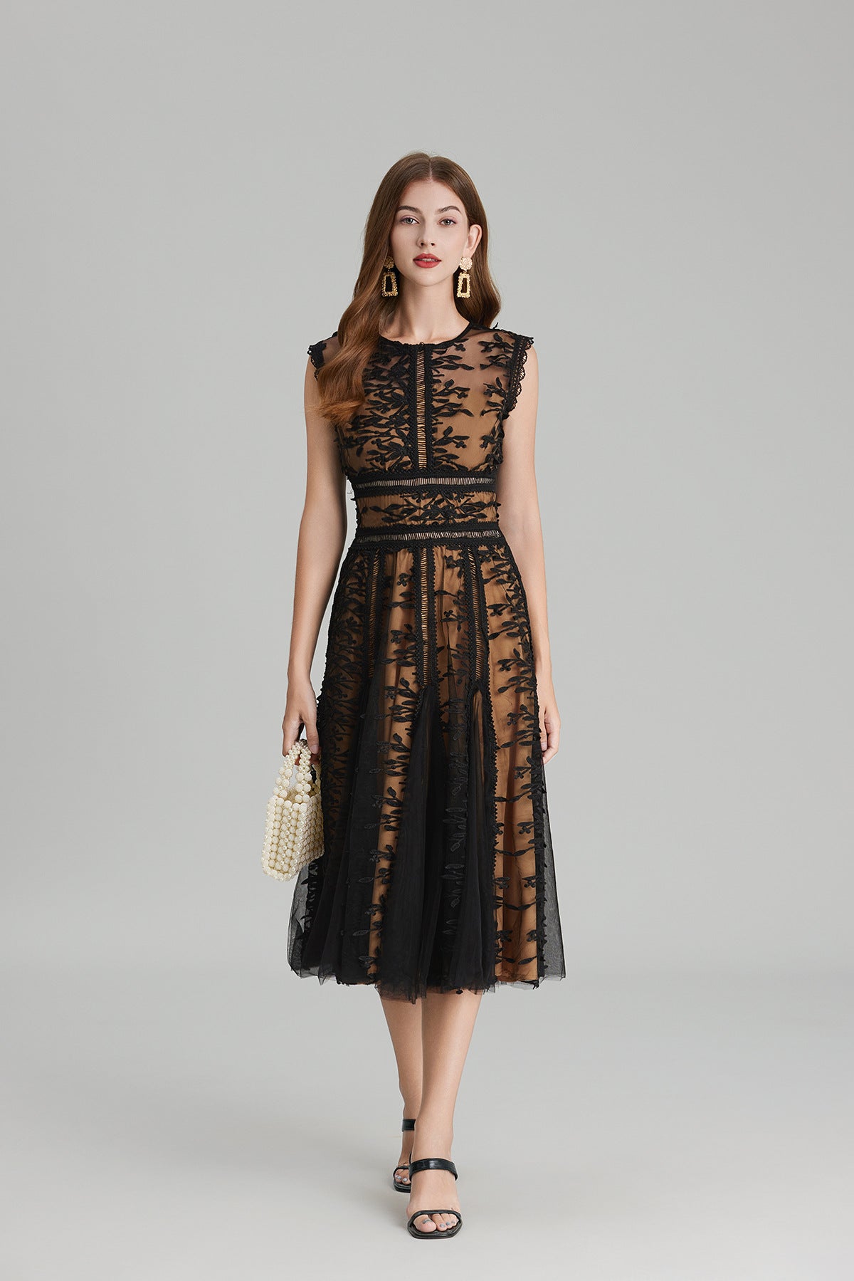 Maëlle Round Neck Mesh Embroidered Midi Dress In Beige