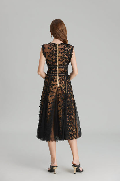 Maëlle Round Neck Mesh Embroidered Midi Dress In Beige
