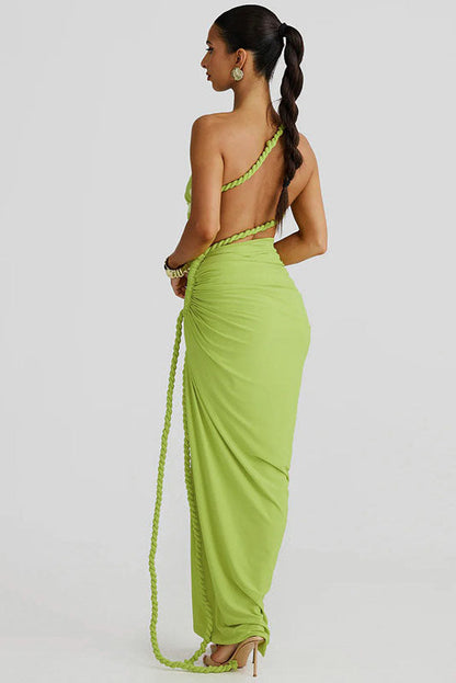 Vestido largo sin tirantes con aberturas y cordones