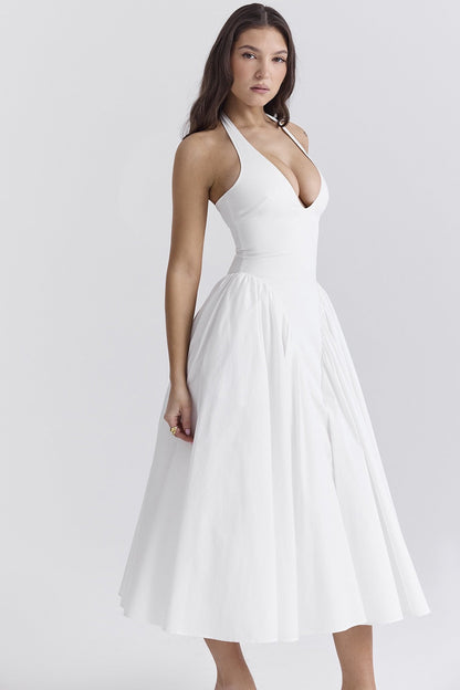 Vestido midi de algodón blanco con cuello halter