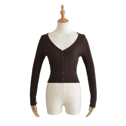 American Hot Girl Pure Desire Sexy V-neck Single-breasted Long Sleeve Sweater