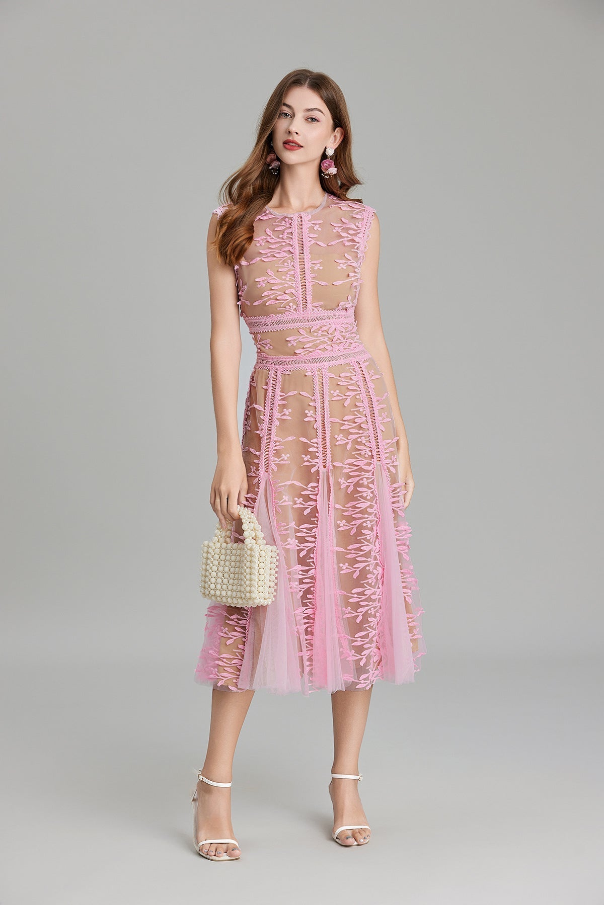 Maëlle Round Neck Mesh Embroidered Midi Dress In Beige