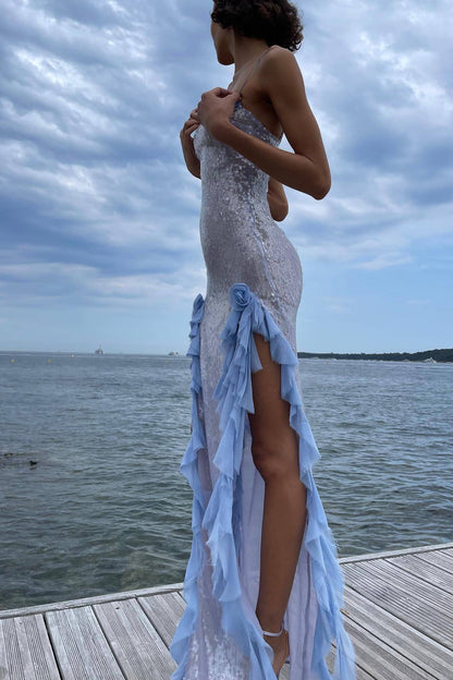 Sequin Sheer Side Slit Spaghetti Midi Dress