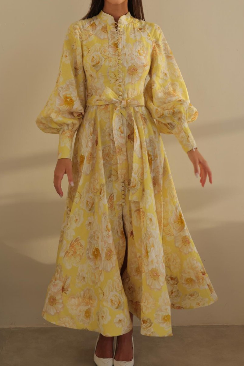 Vestido largo con estampado floral y mangas abullonadas Cécilie