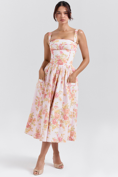 Vestido midi con estampado de amapolas y melocotón de Cybèle