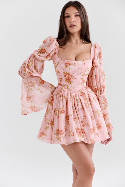 Vestido mini con escote cuadrado y estampado floral divino