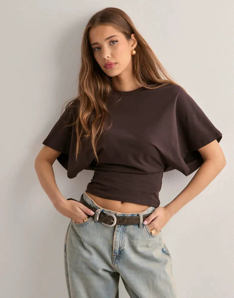 Round Neck Pullover Short Sleeve T-shirt Women's Solid Color Loose Top