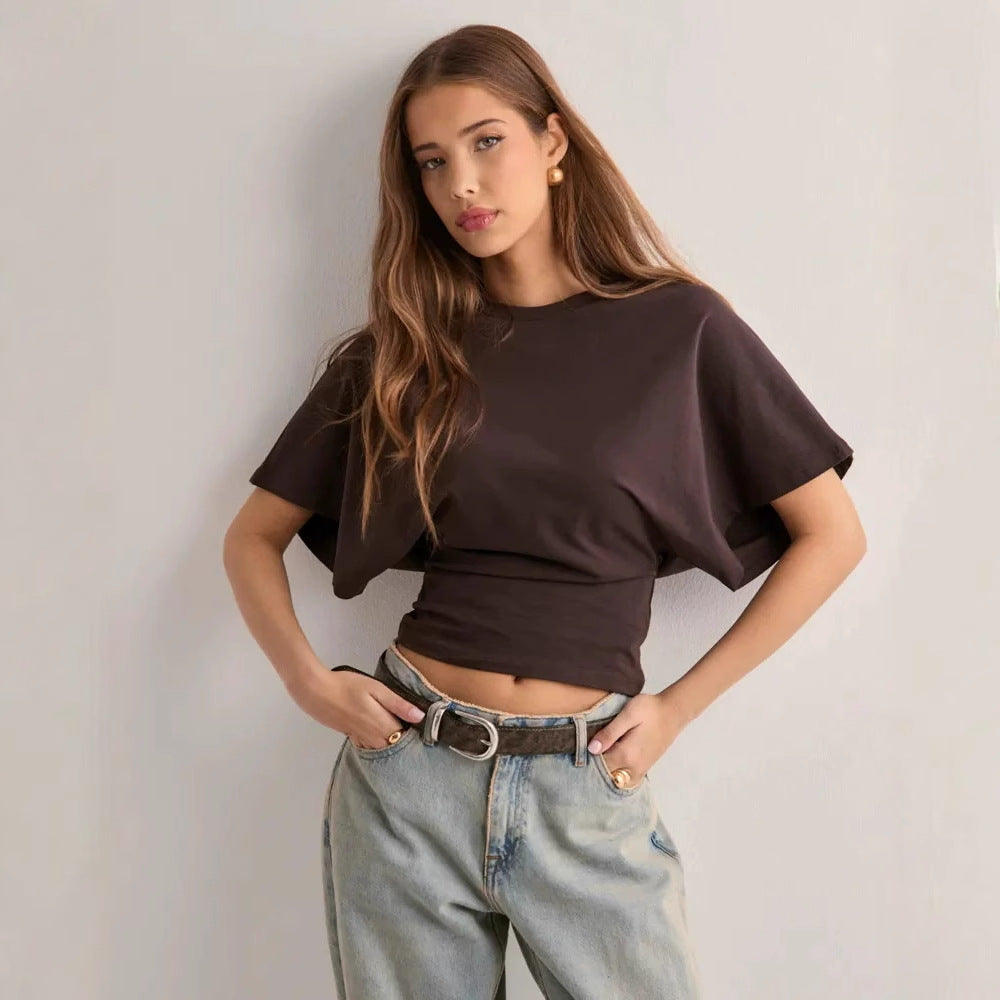 Round Neck Pullover Short Sleeve T-shirt Women's Solid Color Loose Top
