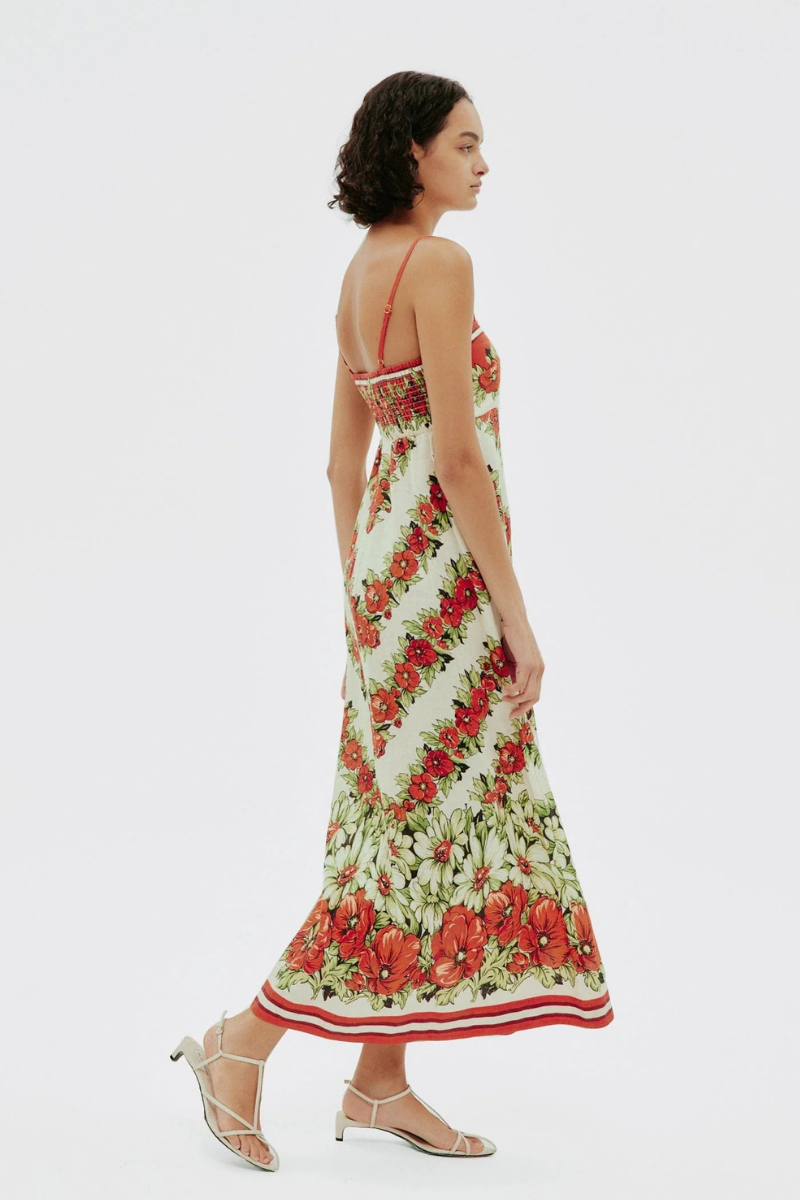 Vestido largo rojo con estampado floral de espagueti de Tristane