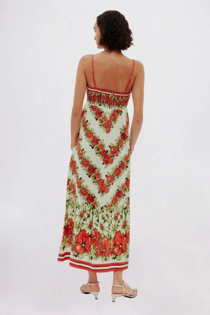 Vestido largo rojo con estampado floral de espagueti de Tristane