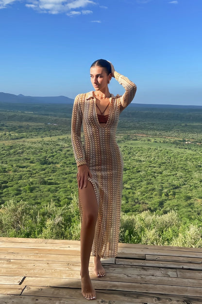 Vestido largo de crochet con cuello en V y escote en V Dawn