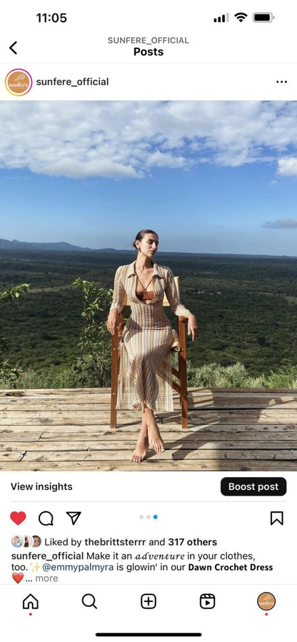 Vestido largo de crochet con cuello en V y escote en V Dawn