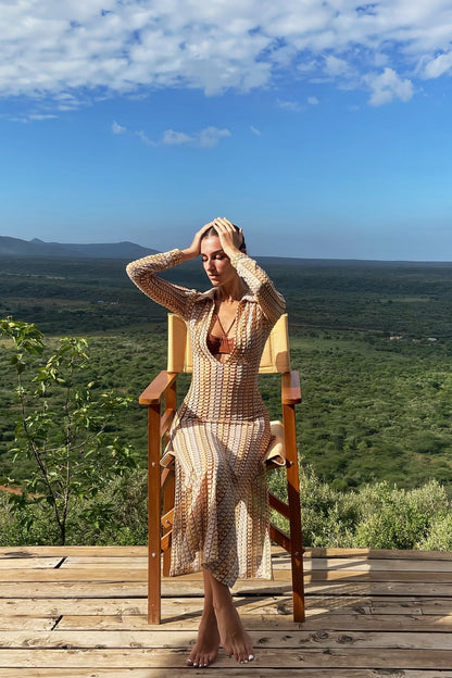 Vestido largo de crochet con cuello en V y escote en V Dawn