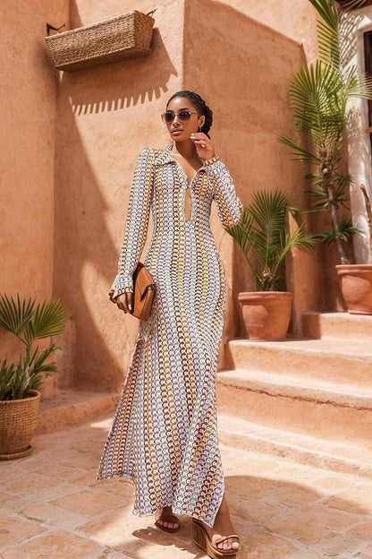Vestido largo de crochet con cuello en V y escote en V Dawn