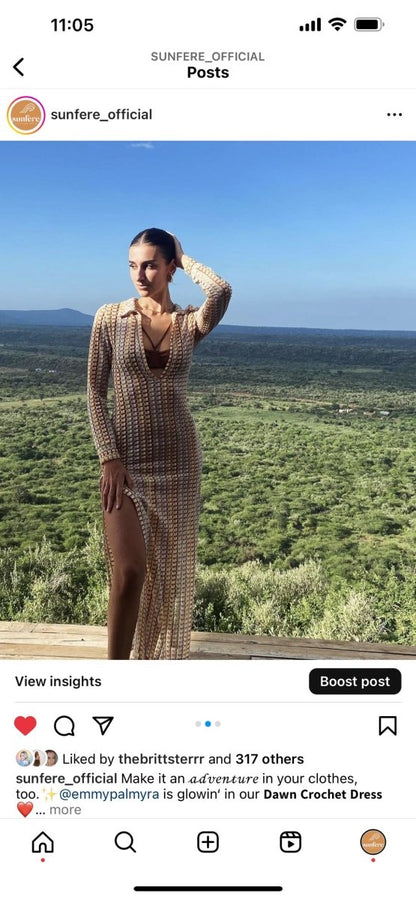 Vestido largo de crochet con cuello en V y escote en V Dawn