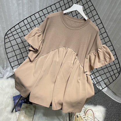 Extra Large Bell Sleeve Chiffon Stitching Ice Silk Knitted Top