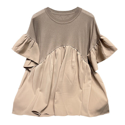 Extra Large Bell Sleeve Chiffon Stitching Ice Silk Knitted Top