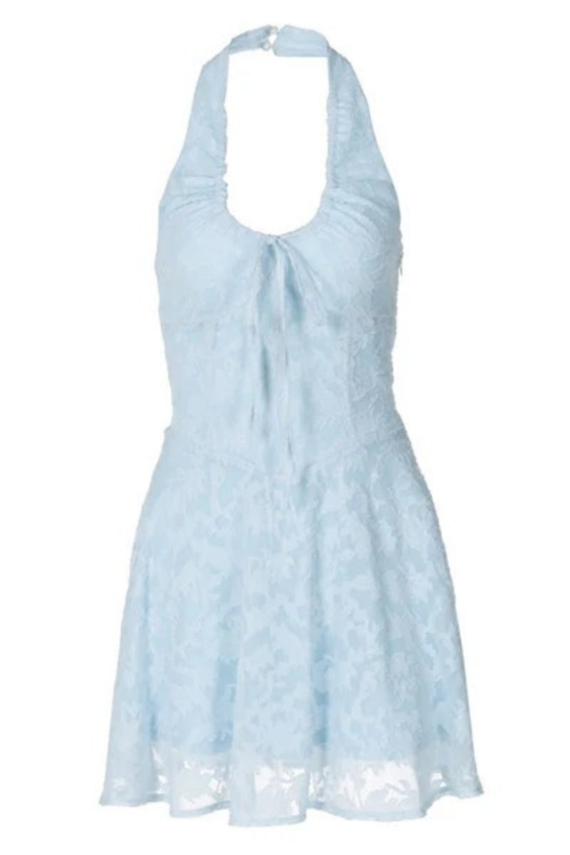 Vestido corto de vacaciones con estampado floral de jacquard, cintura baja, lazo y cuello halter