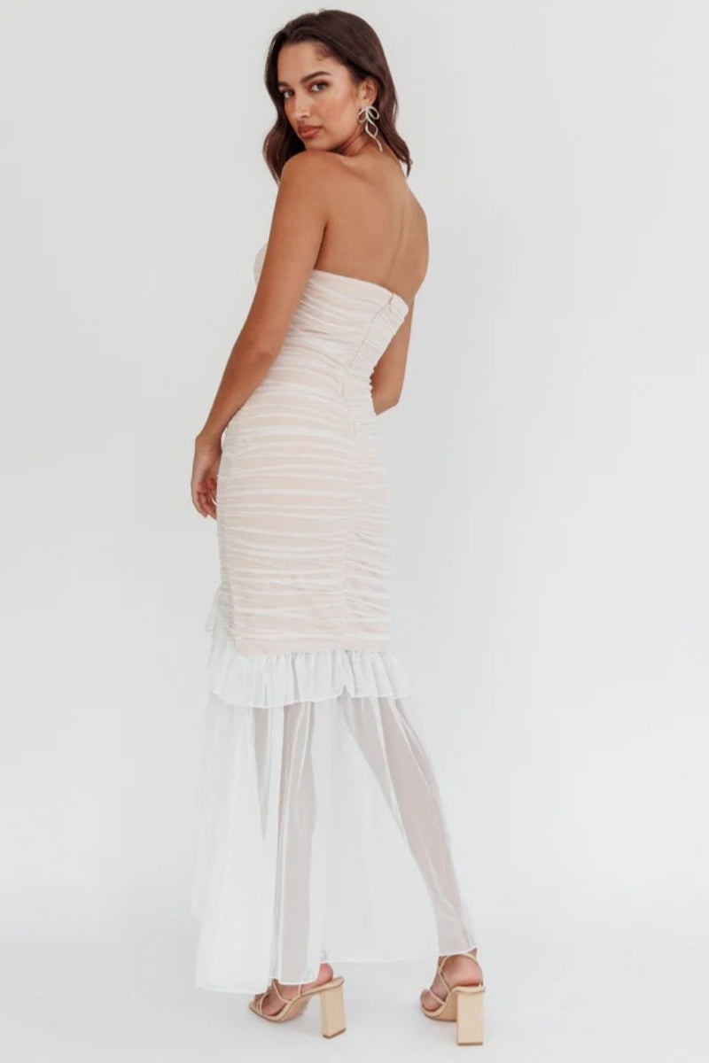 Off-The-Shoulder High-Low Hem Mesh Midi Dress