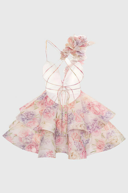 Pink Backless Printed Mini Dress