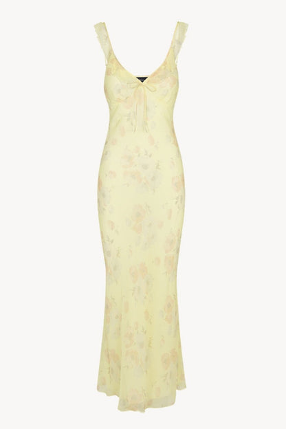 Bow Ruffle Plunge Neck Floral Slim Fit Maxi Dress