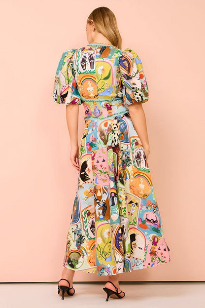 Vestido midi con cuello en V y mangas abullonadas de Juliana