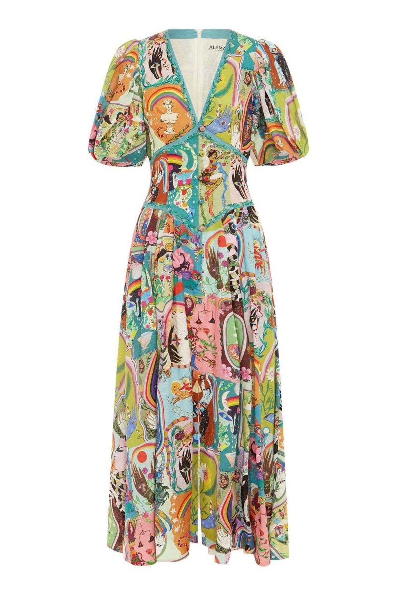 Vestido midi con cuello en V y mangas abullonadas de Juliana