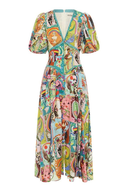 Vestido midi con cuello en V y mangas abullonadas de Juliana