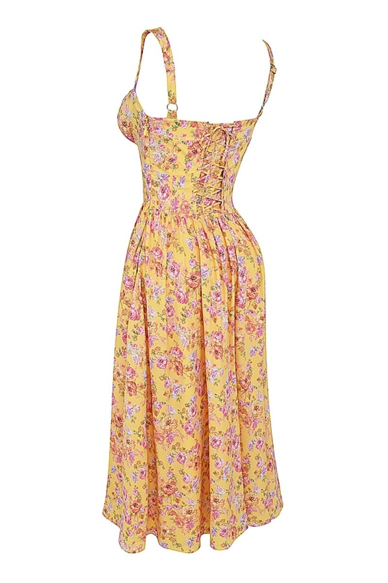 Tatiana Yellow Floral Print Midi Dress