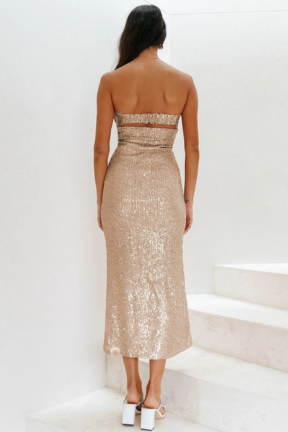 Vestido midi sin tirantes con lentejuelas Venus