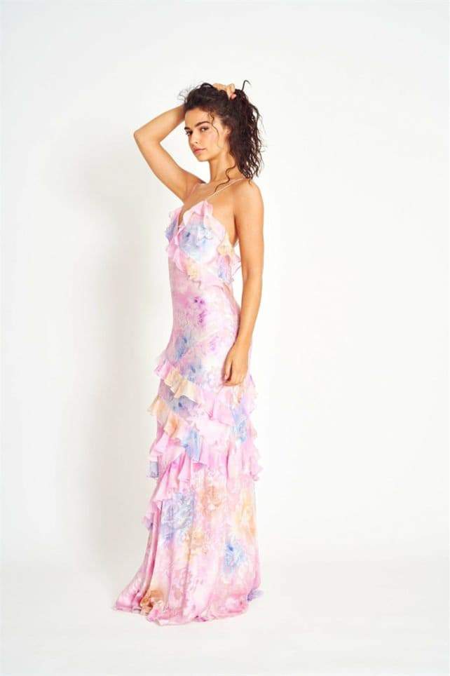 Vestido lencero largo con volantes y estampado floral Virginia