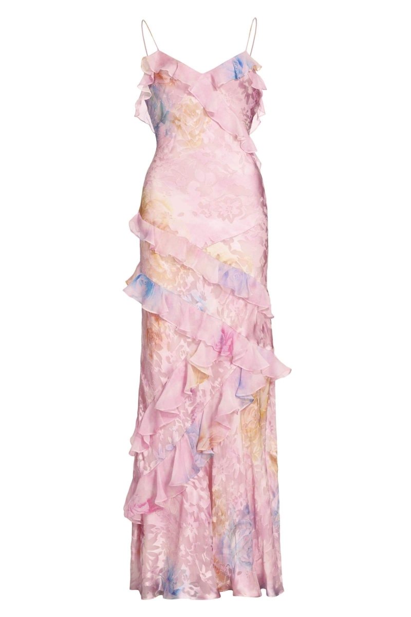 Vestido lencero largo con volantes y estampado floral Virginia