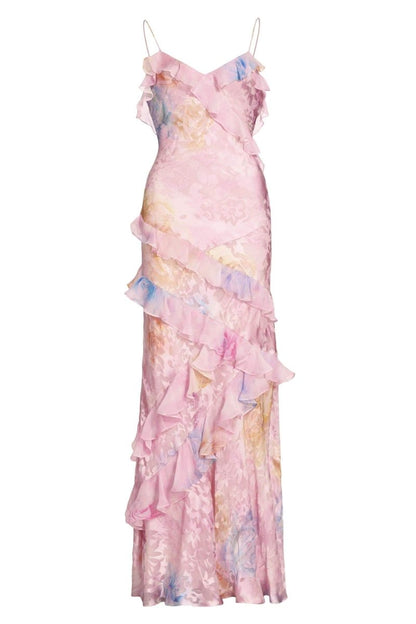 Vestido lencero largo con volantes y estampado floral Virginia