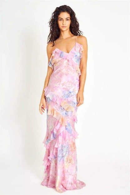 Vestido lencero largo con volantes y estampado floral Virginia