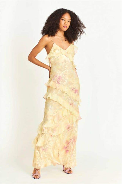 Vestido lencero largo con volantes y estampado floral Virginia