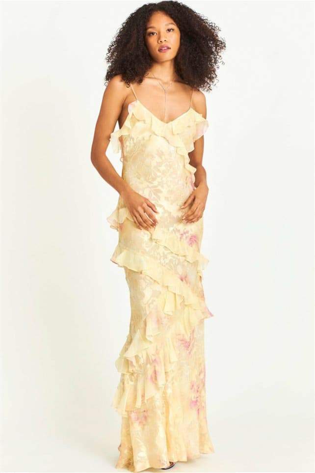 Vestido lencero largo con volantes y estampado floral Virginia