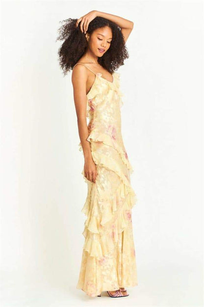 Vestido lencero largo con volantes y estampado floral Virginia
