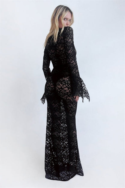 Vestido largo estilo sirena con encaje transparente Virginia