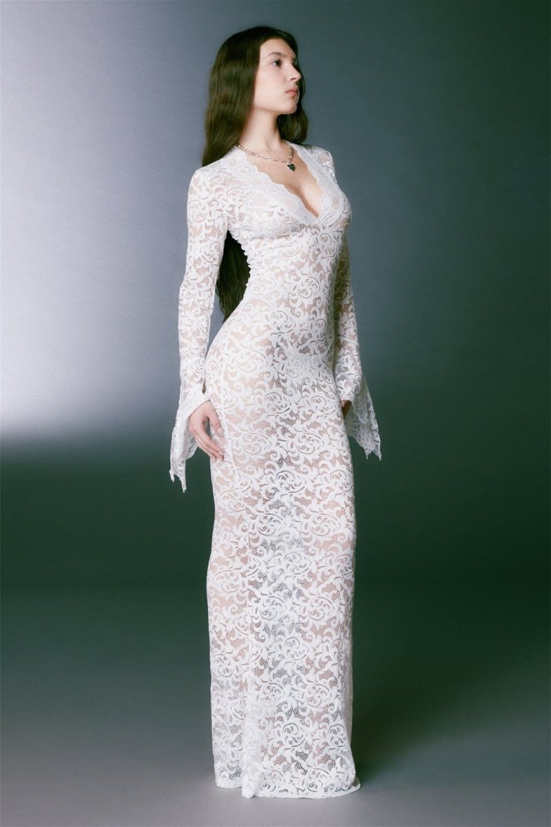 Vestido largo estilo sirena con encaje transparente Virginia