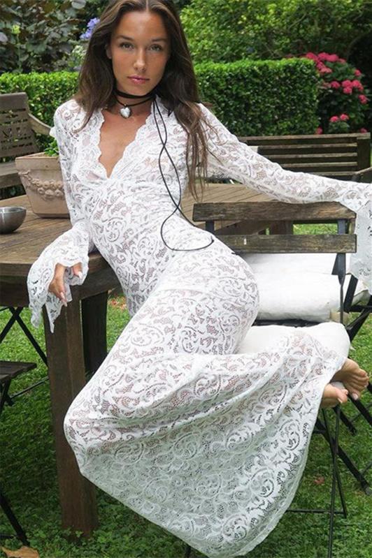 Vestido largo estilo sirena con encaje transparente Virginia