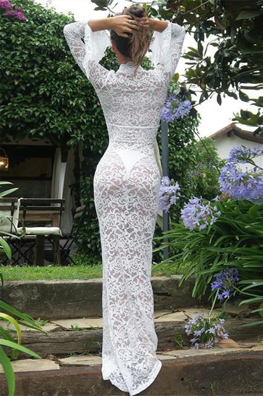 Vestido largo estilo sirena con encaje transparente Virginia