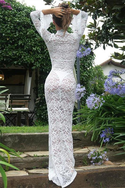 Vestido largo estilo sirena con encaje transparente Virginia